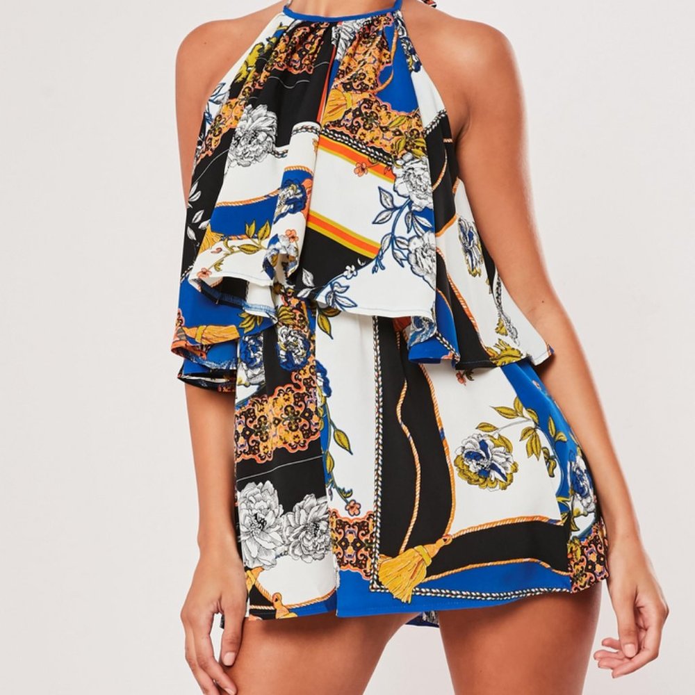 Blue Multi Floral Graphic Overlay Playsuit